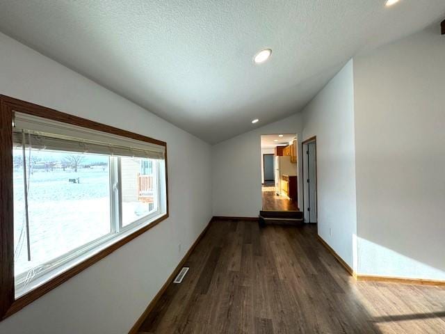 interior space with vaulted ceiling, a textured ceiling, dark wood-style floors, and baseboards