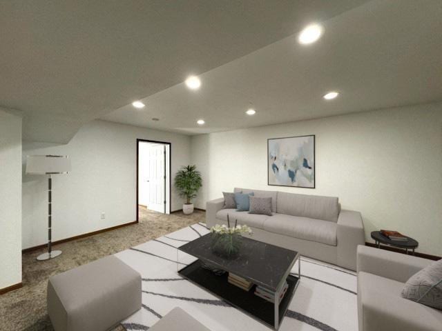 carpeted living room with recessed lighting and baseboards