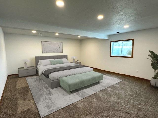 bedroom with a textured ceiling, baseboards, carpet flooring, and recessed lighting