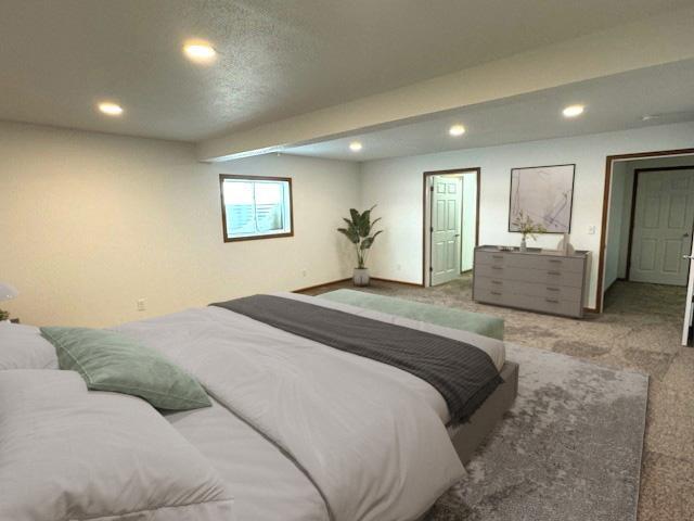 bedroom featuring baseboards, carpet floors, and recessed lighting