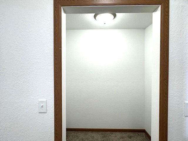 interior space featuring carpet, a textured wall, and baseboards