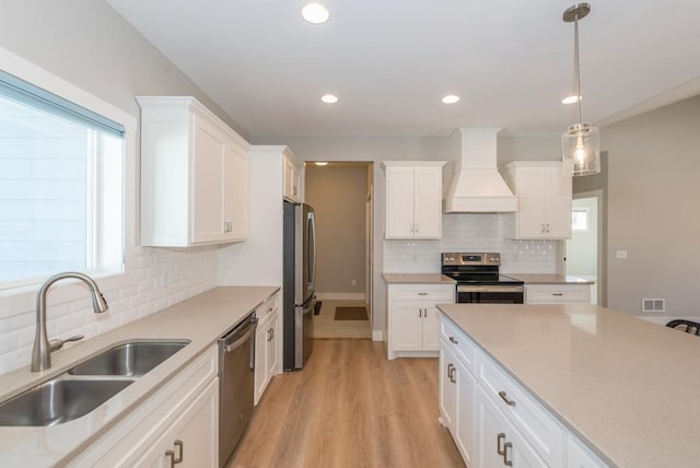 kitchen featuring white cabinets, stainless steel appliances, custom exhaust hood, and a sink