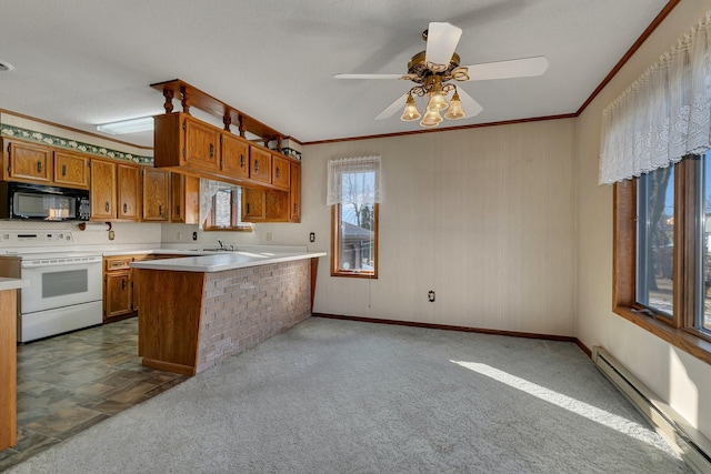 kitchen featuring black microwave, white electric range, brown cabinetry, and a baseboard radiator