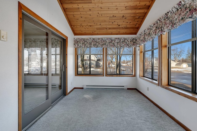 unfurnished sunroom with lofted ceiling, baseboard heating, wooden ceiling, and a wealth of natural light