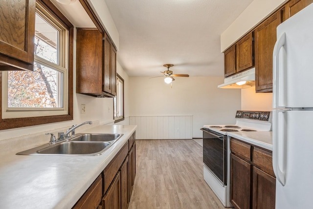 kitchen with white appliances, a sink, light countertops, light wood-style floors, and under cabinet range hood