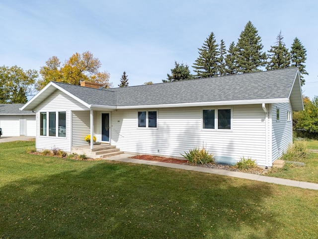 single story home with a front yard, roof with shingles, and a chimney