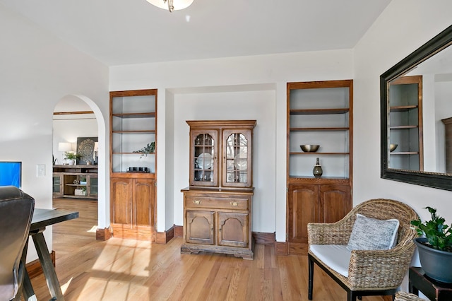 living area featuring arched walkways and light wood-style floors