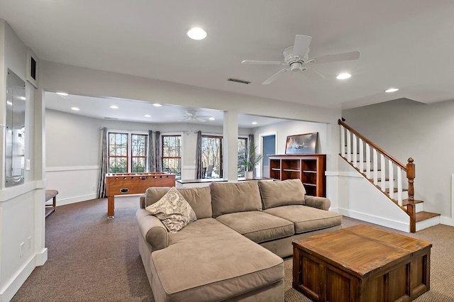 living room with baseboards, recessed lighting, ceiling fan, stairs, and carpet flooring