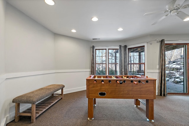 recreation room with visible vents, baseboards, ceiling fan, carpet flooring, and recessed lighting