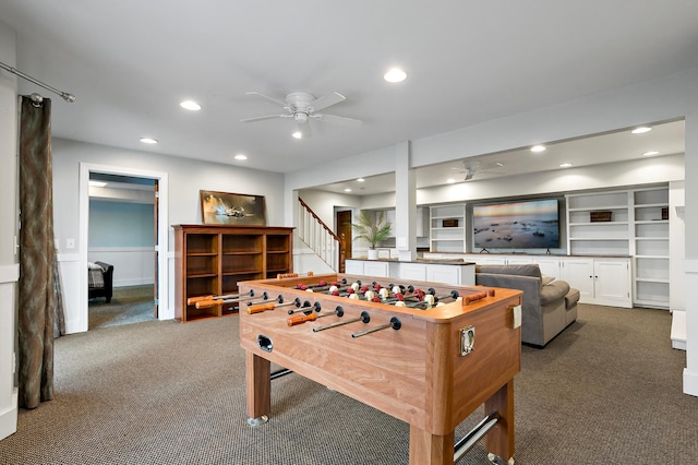 game room with recessed lighting, carpet, and ceiling fan