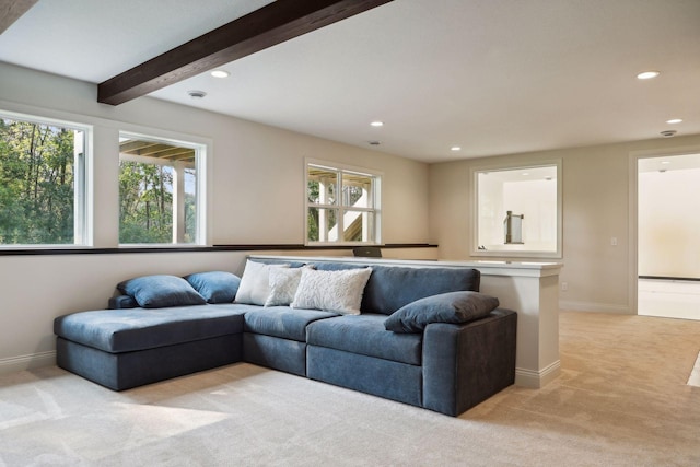 living room with light carpet, baseboards, beamed ceiling, and recessed lighting