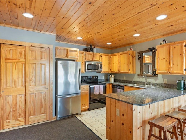 kitchen with light tile patterned floors, a peninsula, a sink, stainless steel appliances, and wooden ceiling