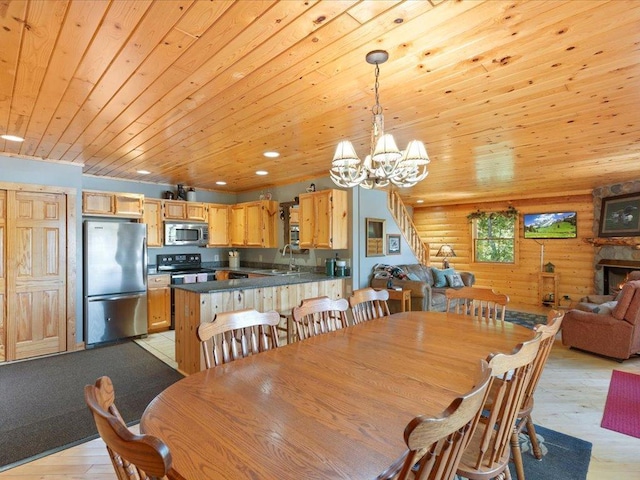 dining area featuring light wood-style flooring, stairway, wooden ceiling, log walls, and a chandelier