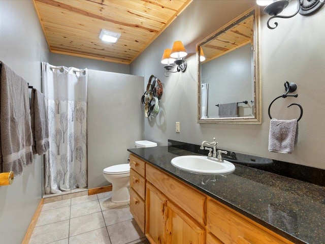 full bath with tile patterned flooring, curtained shower, toilet, wooden ceiling, and vanity