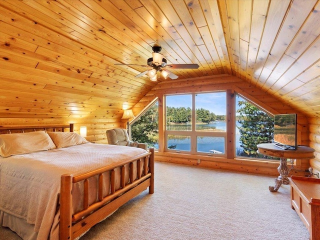 bedroom featuring carpet, wood ceiling, and vaulted ceiling