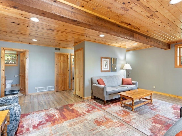 living area with wood finished floors, visible vents, baseboards, recessed lighting, and wooden ceiling