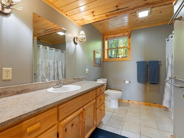 full bath featuring tile patterned floors, toilet, baseboards, wood ceiling, and vanity