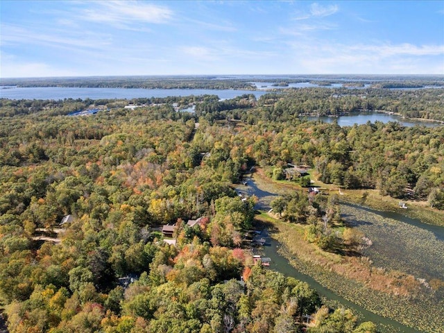 drone / aerial view featuring a forest view and a water view