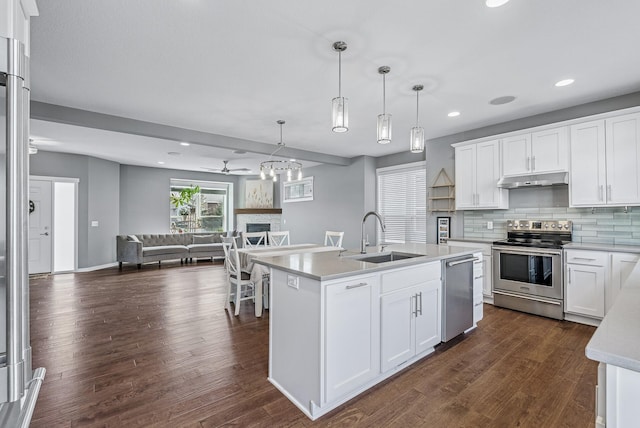 kitchen with a fireplace, dark wood-style flooring, a sink, under cabinet range hood, and appliances with stainless steel finishes