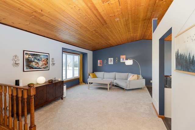 carpeted living room featuring baseboards, lofted ceiling, and wood ceiling