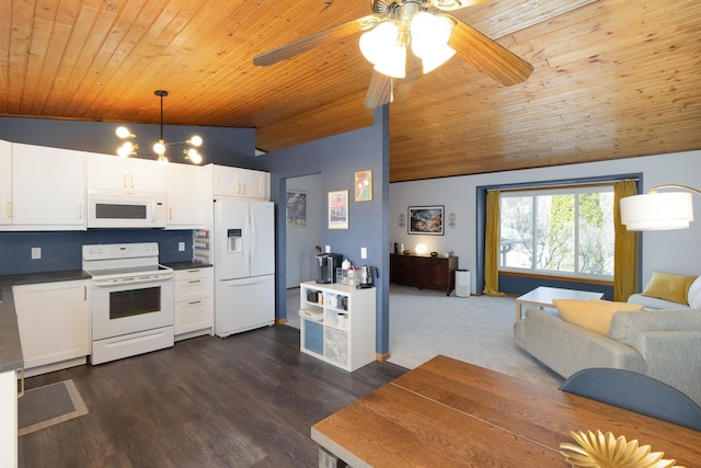 kitchen with dark countertops, open floor plan, lofted ceiling, white appliances, and white cabinetry