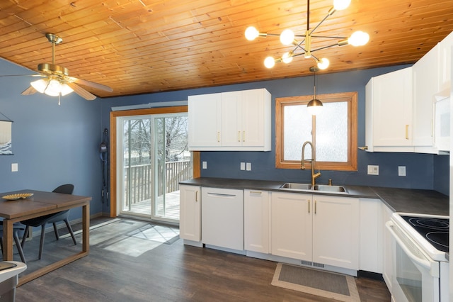 kitchen featuring white appliances, dark countertops, wooden ceiling, and a sink