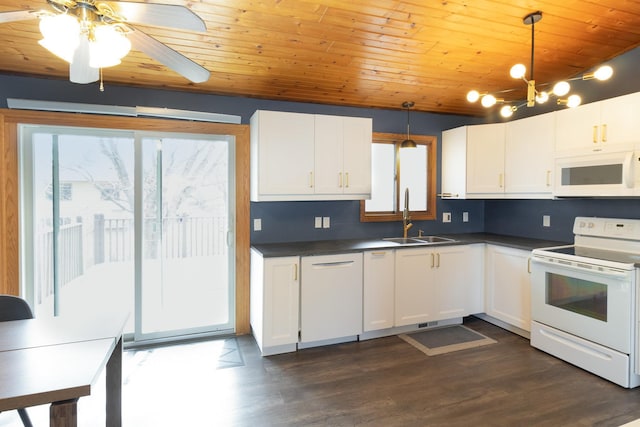 kitchen featuring white appliances, wood ceiling, dark countertops, and a sink