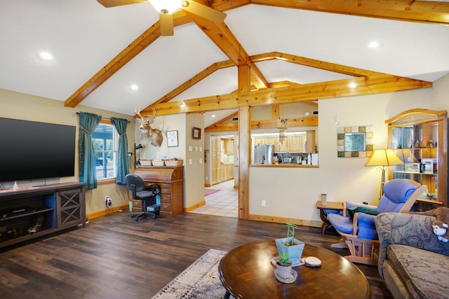 living area featuring lofted ceiling with beams, baseboards, wood finished floors, and recessed lighting