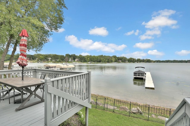 dock area with a water view and fence