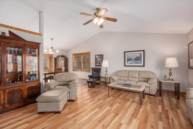 living room with baseboards, vaulted ceiling, light wood finished floors, and ceiling fan with notable chandelier