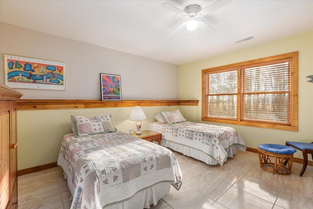 bedroom featuring baseboards, visible vents, and ceiling fan