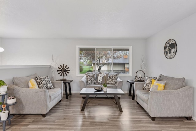 living area featuring baseboards and wood finished floors