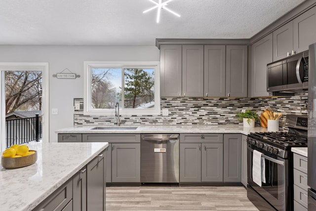 kitchen with a sink, gray cabinets, backsplash, and stainless steel appliances
