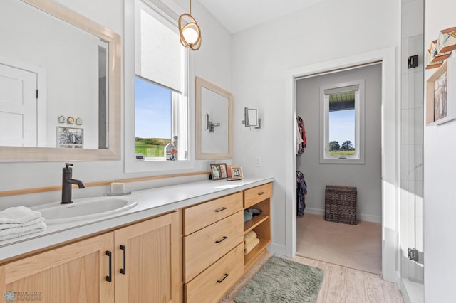 full bathroom featuring vanity, baseboards, and wood finished floors