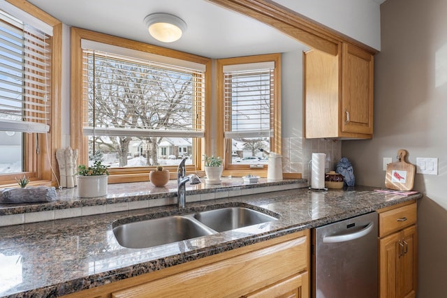 kitchen with tasteful backsplash, dark stone counters, a sink, and stainless steel dishwasher