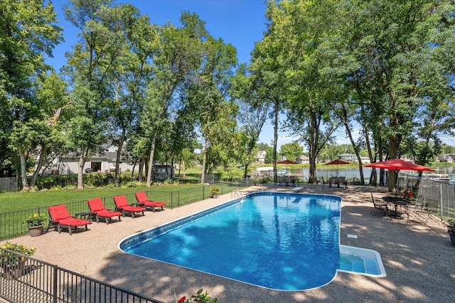 view of swimming pool with a patio area