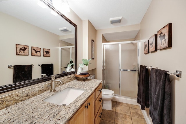 full bathroom featuring a shower stall, toilet, and vanity