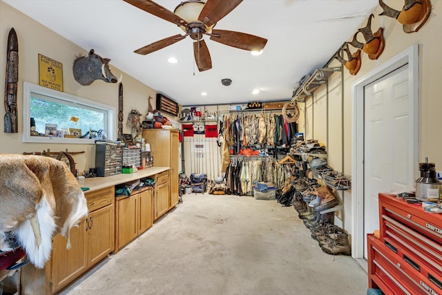 storage featuring a ceiling fan