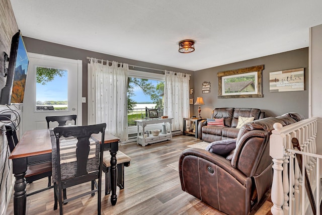 living area with plenty of natural light and wood finished floors