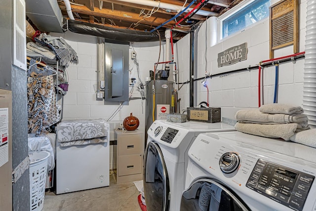 laundry area with washer and dryer, electric panel, laundry area, and water heater