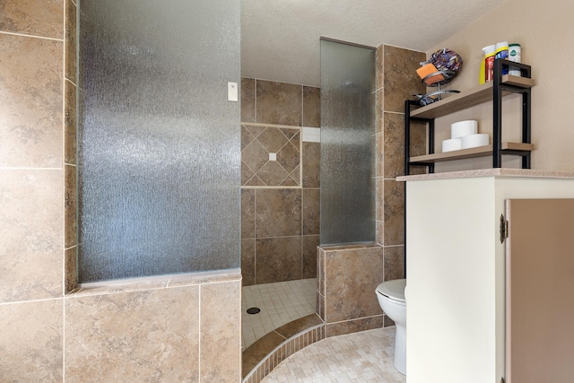 full bathroom featuring a walk in shower, a textured ceiling, tile patterned flooring, and toilet