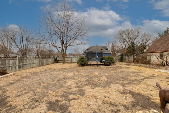 view of yard with a trampoline and a fenced backyard