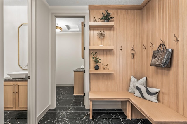 mudroom featuring marble finish floor and a sink