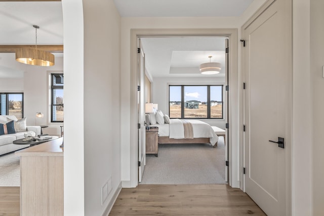 hall featuring a raised ceiling, wood finished floors, and visible vents