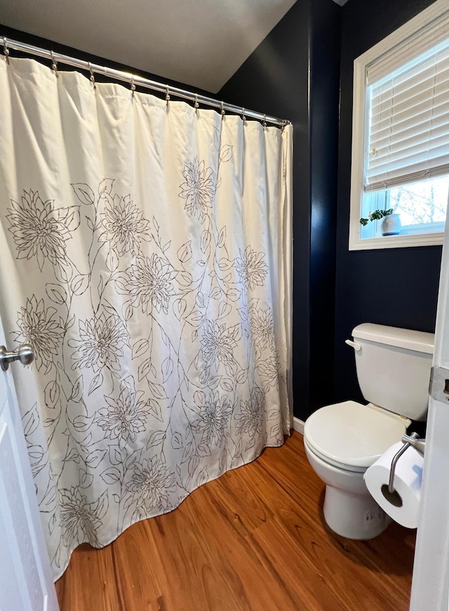 bathroom with toilet and wood finished floors