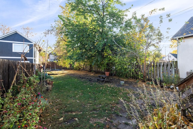 view of yard featuring a trampoline and a fenced backyard