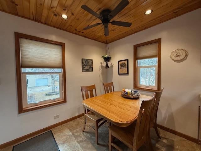 dining space featuring a healthy amount of sunlight, wooden ceiling, and baseboards