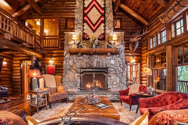living room with high vaulted ceiling, wood ceiling, hardwood / wood-style flooring, beam ceiling, and rustic walls