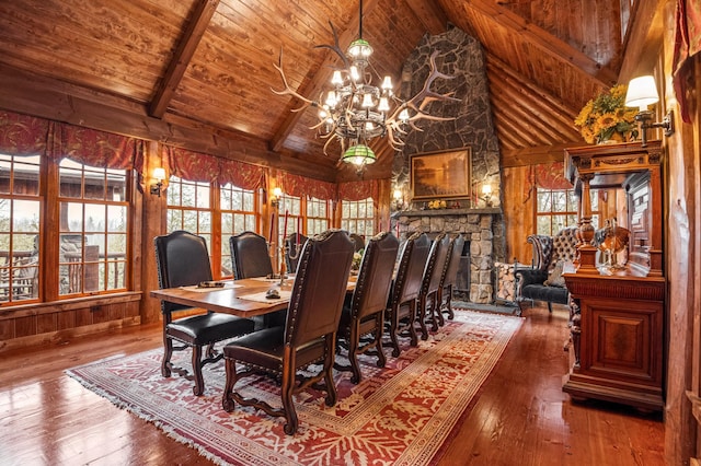 dining area featuring wooden ceiling, wood-type flooring, high vaulted ceiling, a chandelier, and beamed ceiling