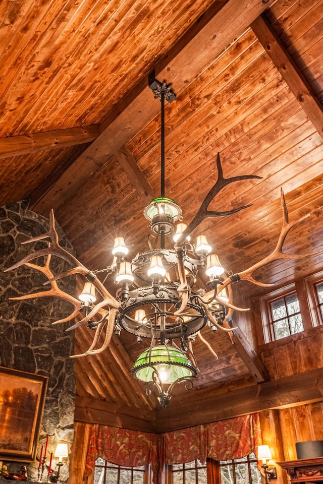 detailed view of wood ceiling, beamed ceiling, and a chandelier
